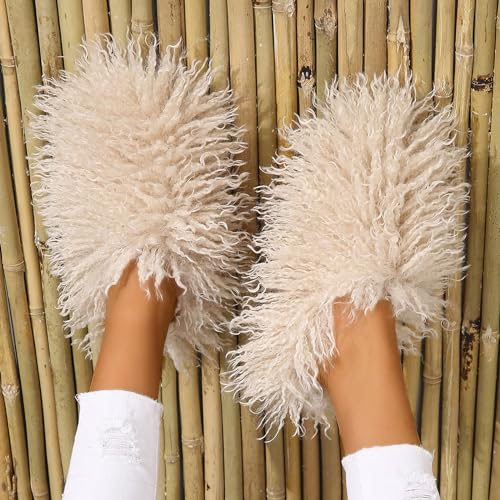 Image of Unisex Fuzzy Faux Fur Slippers, Women's Fluffy Long Hair Sheep Faux Fur Slip on Slides, Girls Luxury Big Fluffy Outdoor Flat Slippers, Long Curly Hair Non-Slip Warm Home Slide Shoes