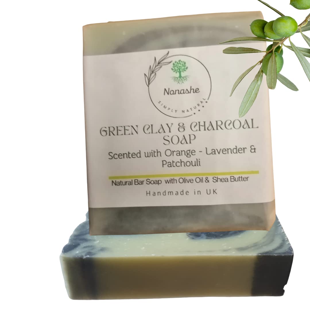 Nonashe Handmade Cleansing Bar Soap With Olive Oil,Shea Butter,Natural Ingredients,Vegan & Palm Oil Free,Face & Body Soap for Women & Men (Green Clay & Charcoal With Orange