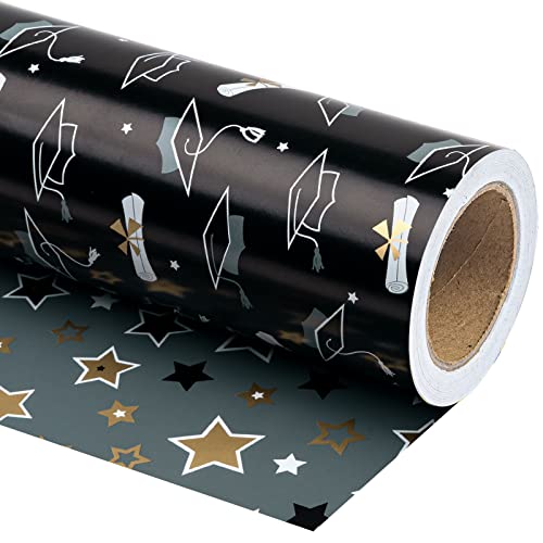 WRAPAHOLIC Reversible Graduation Wrapping Paper - Mini Roll - 17 Inch X 33 Feet - Black Gold Trencher Cap and Stars for Party Celebration