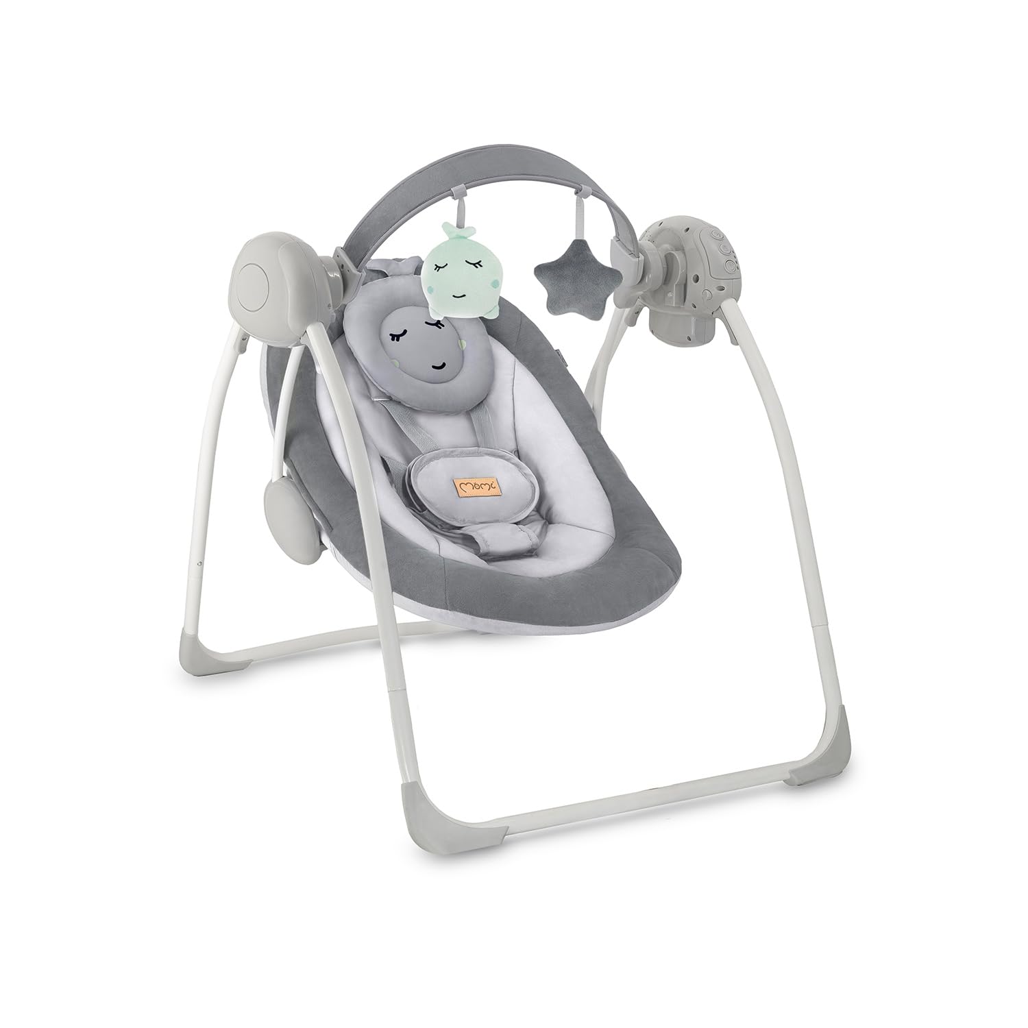 Sdraietta a dondolo MoMi LISS per neonati fino a 9 kg, pieghevole, a batteria o rete con USB, cinture 5 punti, barra con giocattoli, 6 melodie, timer, 5 velocità di oscillazione