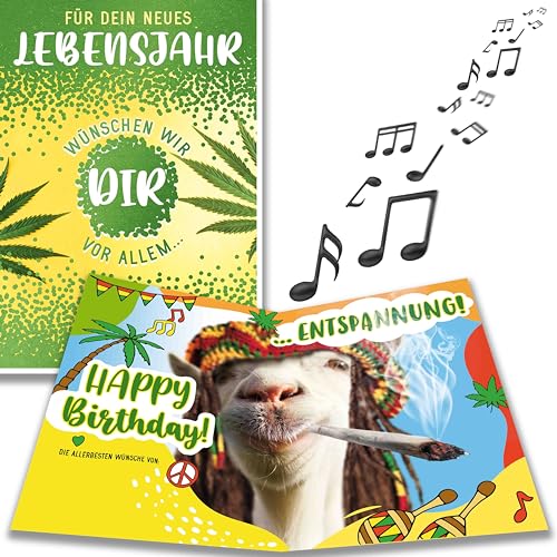 bentino MUSIK Geburtstagskarte Kiff-Ziege mit LICHTEFFEKT, lustige Glückwunschkarte zum Geburtstag für alle stressbefreiten Aussteiger