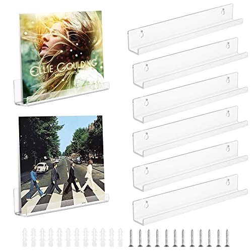 CAEEKER 6 Pack 12 Inch Acrylic Vinyl Record Shelf Wall Mount Rack Acrylic Album Record Holder Clear Floating Shelves Display Collection Picture Ledge Shelf for LP Storage (30.5 L x 4.4 W x 4.3 H cm)