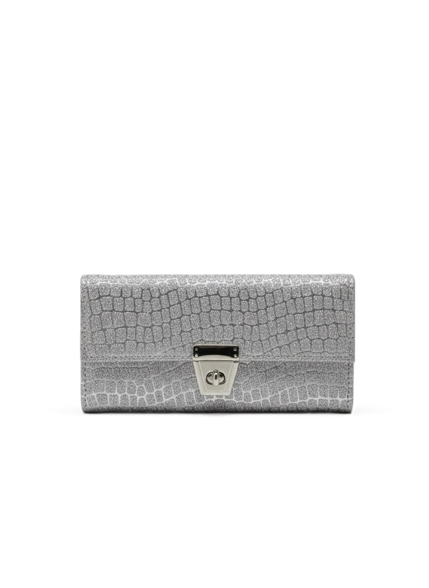 De Elmore Silver Glitter Gold Clutch Wallet | Long Croc-Embossed Evening Bag with Clasp-image-15