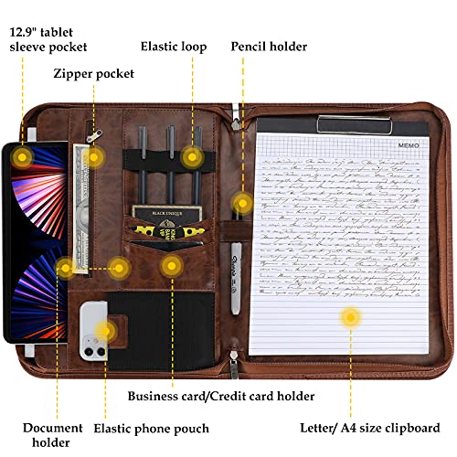 Image of ProCase Portfolio Business Padfolio Folder with Zipper, Conference Meeting Executive File Legal Document Organizer with Pockets Letter Size A4 Writing Pad Notepad Padfolio -Brown