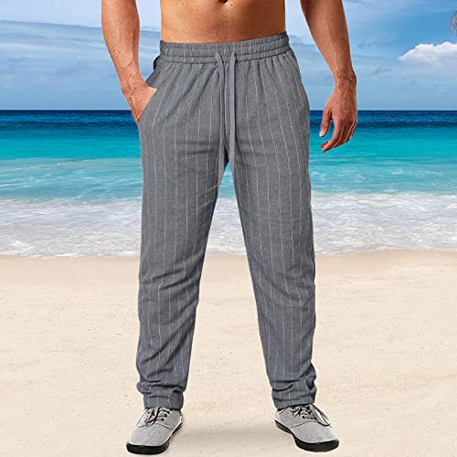 Men's Cotton Linen Pants Striped Beach Pants Baggy Fit Drawstring Sweatpants Breathable Casual Yoga Slacks Trousers2