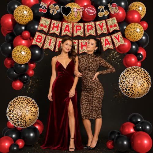 Image of Ouddy Life Cheetah Print Red and Black Balloons Birthday Decorations | Cherry Leopard Print Foil Balloons Happy Birthday Banner Fringe Curtain Bow Leopard Cake topper for Women Girls Party Decor