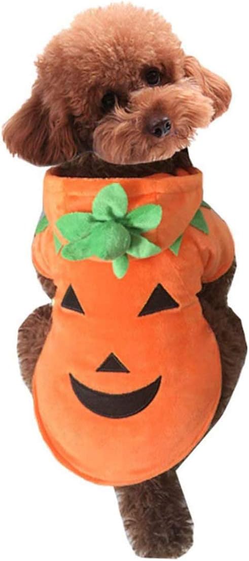 Mogokoyo Disfraz de calabaza de Halloween para perro, disfraz de cosplay para mascotas, trajes cálidos para cachorros, sudadera con capucha de forro polar, ropa de otoño e invierno (tamaño «M)