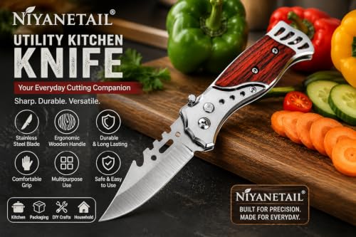 Image of Kitchen Knife Peeler with Wooden Handle | Multipurpose Stainless Steel Cutter for Vegetables, Fruits, Crafts, Carton Opening, Paper Cutting, Packaging, Kitchen & Household Use Multicolour