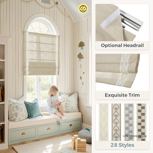 Image of TWOPAGES Liz No Drill Cordless Roman Shades Linen Textured Roman Blinds for Windows, Custom Made Room Darkening Blackout Roman Window Shades, Hardware Included, Light Khaki, 1 Piece