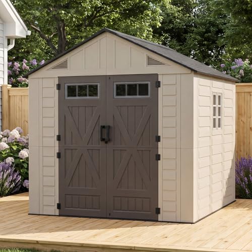 Image of LazySunsets 8x8 Ft Outdoor Storage Shed with Light, Large Resin Outdoor Shed with Floor Included, 2 Windows & Lockable Door, Garden Plastic Storage Sheds for Bike, Lawn Tools, Garbage Can