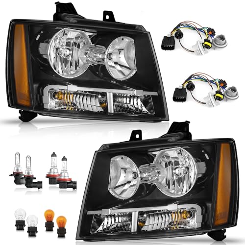 WEELMOTO Headlight for 2007-2013 Avalancha/Suburban 2500 2008-2013 Tahoe Hybrid 07-14 Tahoe 1500 2012-2014 Tahoe SSV Headlamp Black Housing Clear Left+Right Side