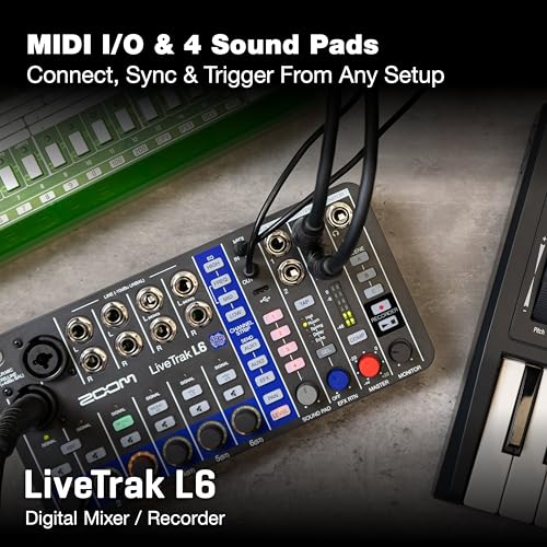 Image of Zoom LiveTrak L6 Mixer /Recorder for Synth Players, Musicians, & Podcasters, with 10 Channels, 2 Combo + 4 Stereo Inputs, 32-Bit Float, MIDI, Effects, Battery Powered | 2 Xlr and Trs Plus 4 Stereo 1 /4 Inputs, 12-Track Microsd, 12-In /4-Out USB Interface, Midi I and O, Battery and USB