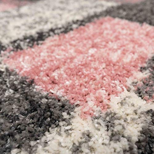 Blush Pink & Grey Retro Pattern Geometric Soft Shaggy Area Rug Lounge Living Room Bedroom Hall Rugs 80cm x 150cm