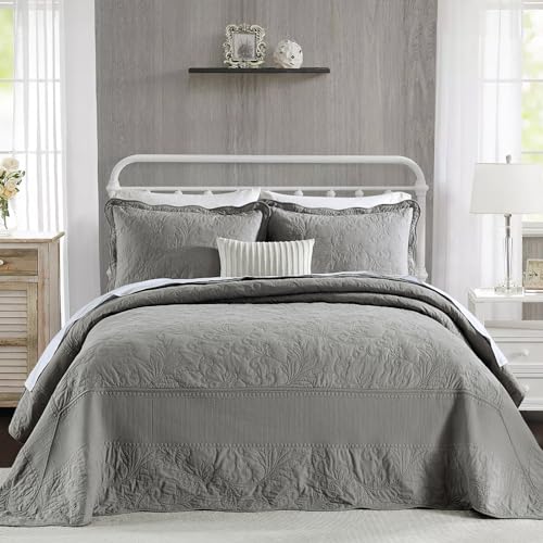 SahSahCasa 100% Cotton 120"x120" Bedspread, Oversized California King Bedspread Coverlet Quilt Set, Cal King Quilted Bedspread Extra Large Quilt, Embroidery Bedding Set Lightweight Comforter, Gray