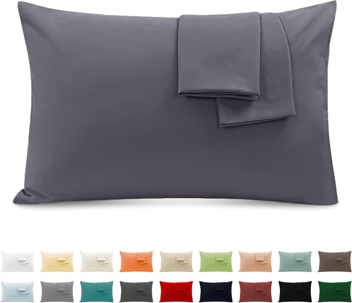 Pillow Cases 2 Pack 40x70 cm, Pillowcases in 100% Pure Cotton,Envelope Closure, Plain Colour Dark gray