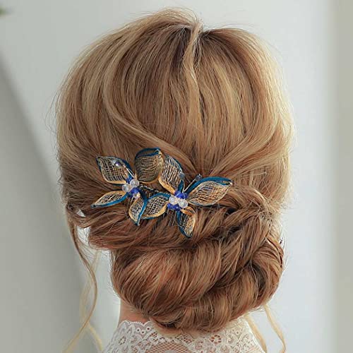 Casdre Butterflies Bride Wedding Hair Comb Gold Blue Rhinestone Bridal Hair Piece Side Comb Hair Accessories For Women And Girls #TOP25
