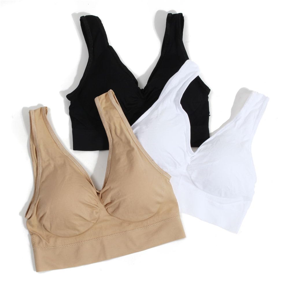 ZELOX Women's Full Coverage Seamless Air Bra (Pack of 3) | Non-Padded & Non-Wired Stretchy Sports Bra Combo, Gym, Yoga & Sleep | Multicolor (Black, White, Beige) (in, Numeric, 28, B, Regular)-picture-22