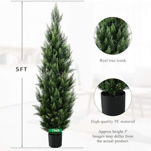 R's Ceder 5FT Artificial Topiary Tree Realistic Faux Cedar Pines Christmas Trees UV Rated Fake Shrubs for Front Porch Faux Plants Indoor and Outdoor Decor (2 Pack)