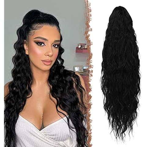 FESHFEN Long Ponytail Extensions, 26 inch Drawstring Curly Wavy Clip in Ponytails Hairpieces Synthetic Hair Piece Pony Tail Extension for Women, Black Cover