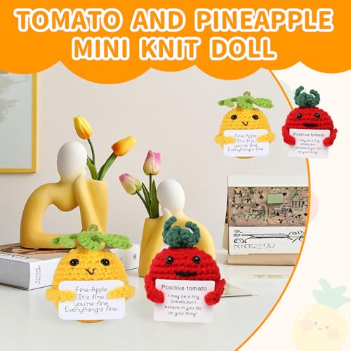 Asheyya 2 PCS Positive Tomato & Pineapple Affirmation Gifts for Men Women Mini Knitted Good Luck Charm Motivational Gifts with Positive Card - Image 3