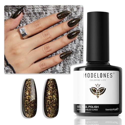 modelones Black Gel Nail Polish, 15 ML Chameleon Black Gel Polish Holographic Black Shimmer Rainbow Glitter Gel Polish Soak Off LED Spring Nail Art Gel DIY Salon Gift for Women