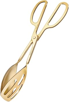 Wagensteiger 9.65 Titanium Coated Stainless Steel Salad Tongs, Ergonomic Scissor-Tong Design, Dual Function Spoon Head, Slotted & Solid Spoon Combination, Commercial Grade(Gold)