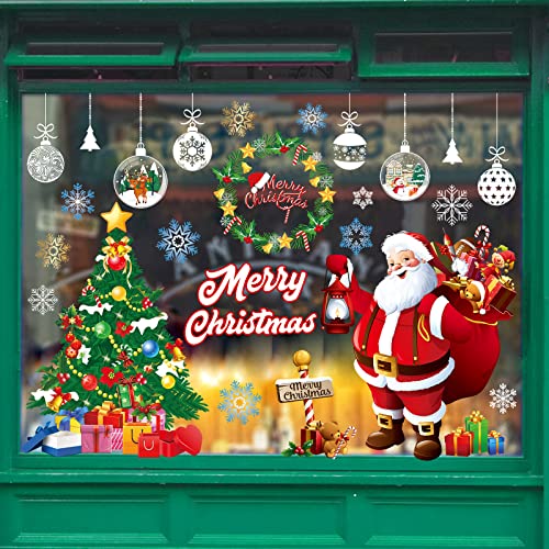 TOMEEK Noël Fenêtre Autocollants Grand Père Noël Arbre de Noël Flocon de Neige Stickers Fenetre Noël Double Face Réutilisables Statiques Autocollants fenêtre PVC Décoration Noël (Rouge)