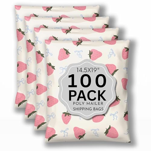 Picksie Mailers - Large Poly Mailers 14.5x19 Shipping Envelopes for Small Business Poly Bag Packaging Plastic Mailing Bags for Clothing Cute Designer Polymailers - Pink Strawberry Aesthetic 100 Pack