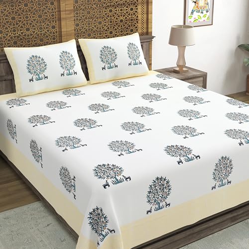Image of BLOCKS OF INDIA Hand Block Printed 300 TC Cotton Super King Size Bedsheet(106 x 106) (Life Yellow)