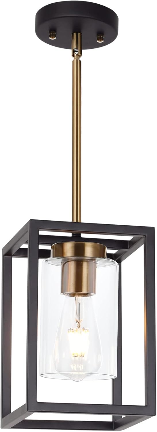 VINLUZ 1-Light Mini Lantern Pendant Light,Black and Brushed Brass Finish Farmhouse Chandelier with Clear Glass Shade Foyer Cage Hanging Ceiling Lighting for Kitchen Island Dining Room Entryway Brushed Brass 1 Light