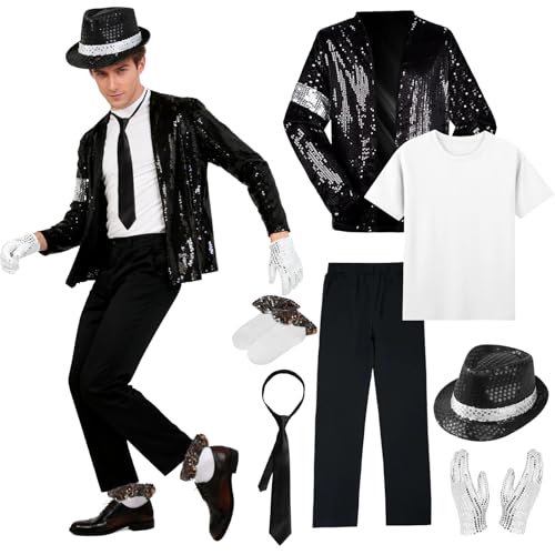 Erwachsenenkostüm King of Pop 80er-Jahre-Tänzerin Rocker Star Cosplay Kostüm Zubehör mit Jazz-Paillettenhut Jacke Oberteil Hose Handschuhe Socke Krawatte König der Pop für Halloween