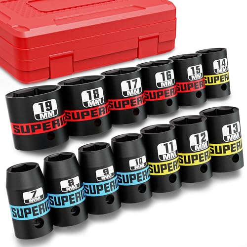 Aiourx 13 Piece 3/8" Drive Impact Socket Set, 7 mm-19 mm Shallow Socket, Metric, 6 Point, CR-V, Automotive Motorcycle and Bicycle Maintenance, Machinery Manufacturing