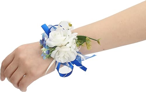 Meldel Ramillete de muñeca de graduación azul y blanco, juego de 6, ramilletes para graduación, rosa de mano nupcial para boda rústica vintage, flor Meldel Ramillete de muñeca de graduación azul y blanco, juego de 6, ramilletes para graduación, rosa de mano nupcial para boda rústica vintage, flor