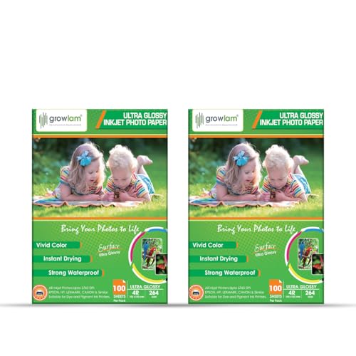 Image of Growlam Ultra Glossy Photo Paper 264 GSM 4R Size, 100 Sheets (Pack of 2) | Waterproof Technology, Instant Drying, Superior Colour Accuracy, Outstanding Ink Absorption, Resin-Coated for Long Durability