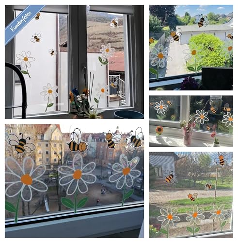 WandSticker4U®- Fensterbilder Kinder BLUMEN & BIENEN selbstklebend holografisch I Prisma Fensteraufkleber Blumen Kinder I Fenstersticker Kinder Tiere Biene Blume Suncatcher Sticker Blumen
