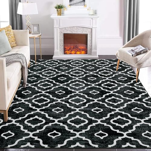 GlowSol Area Rug 9x12 Washable Rug Large Modern Trellis Rug Geometric Neutral Soft Black Rug for Living Room Bedroom Dining Room Non Slip Stain-Resistant Carpet for Home Decor