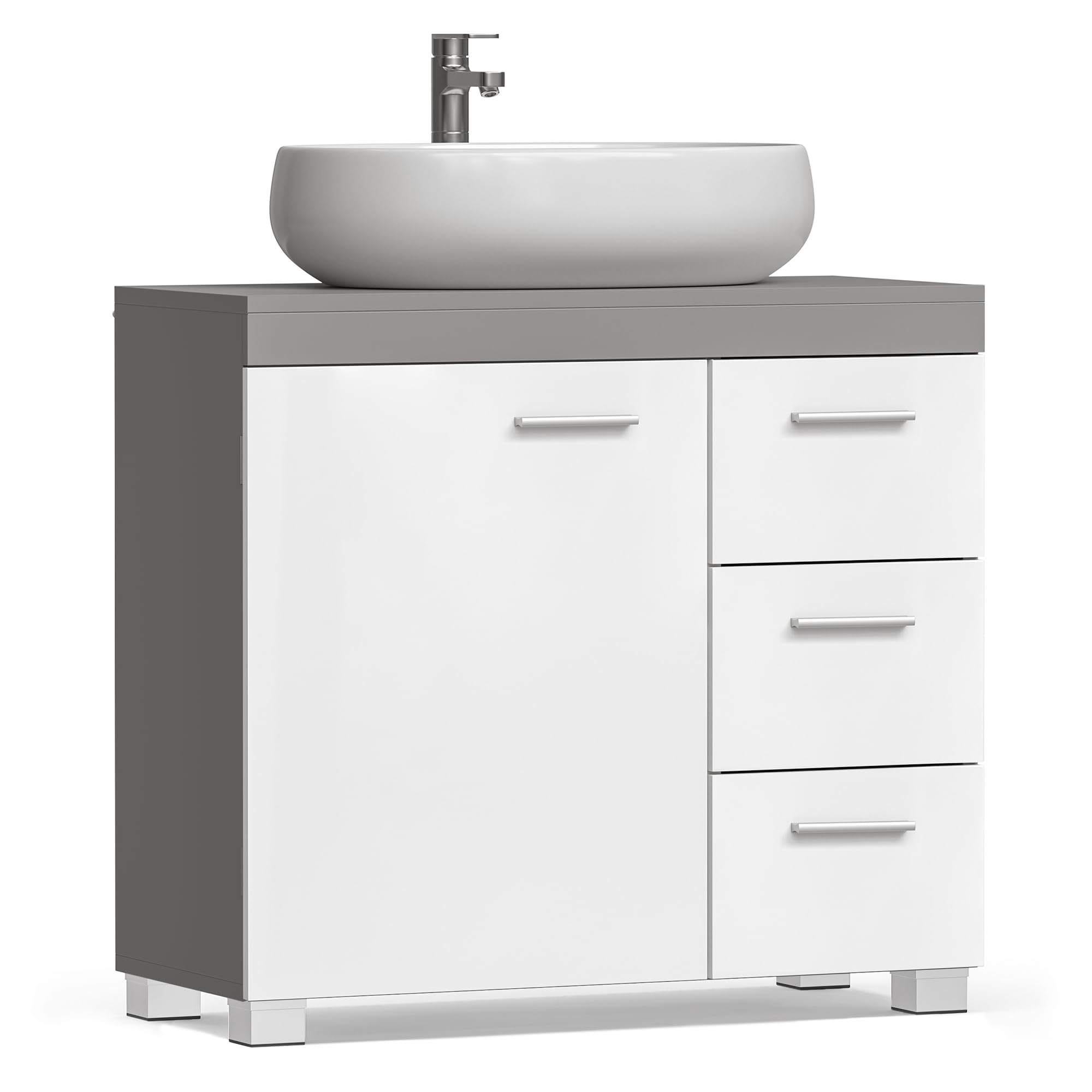 VASAGLE Under Sink Cabinet Bathroom Cabinet with 3 Side Drawers, 2 Compartments Behind the Door, with Feet, 30 x 70 x 64 cm, Cement Grey and Cloud White BBK503T49