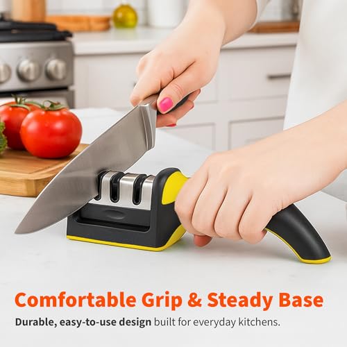 Image of IMUSA Kitchen Knife Sharpener, Manual, Coarse to Fine, Non-Slip Base | Tungsten steel blades with ceramic rods, ergonomic grip, ambidextrous, not for serrated knives or scissors