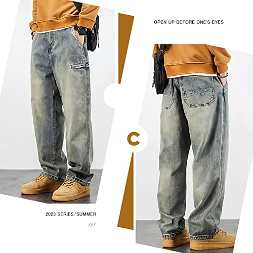 Men's Baggy Jeans Relaxed Straight Leg Jeans Washed Denim Loose Fit Work Dungaree Yellow Mud 312
