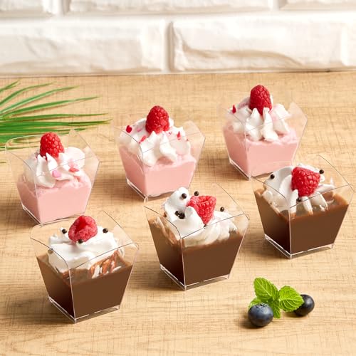 Qeirudu 3.4 Oz Mini Dessert Cups with Spoons, 50 Pack Clear Plastic Square Parfait Cups Party Shooter Cups for Desserts, Appetizers, Ice Creams, Jello, Puddings, Mousses