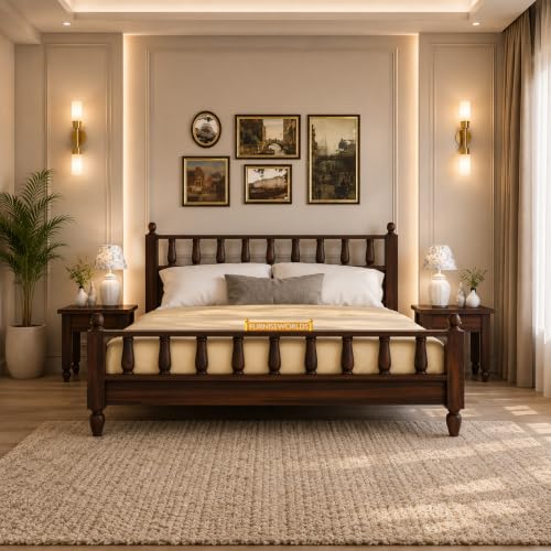 Image of Solid Wood Bed Wooden Double Bed Cot Furniture for Bedroom Home and Hotel 1 Year Warrenty Bed King Size Wooden (Walnut Finish, King)