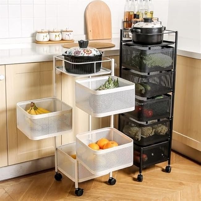 Multi-Layer Rotating Vegetable Storage Rack, Floor-Standing Household Cart for Kitchen, Bathroom & Bedroom ¨C White, Space-Saving Design-TMVi3OYd
