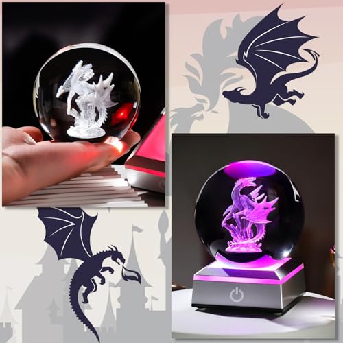 Image of Ornalrist 3D Dragon Crystal Sphere Gifts for Women Men Kids with Colorful LED Light Base 3.15 inch, Dragon Night Light for Boy Girl Xmas Cool Dragon Figurines Home Decor