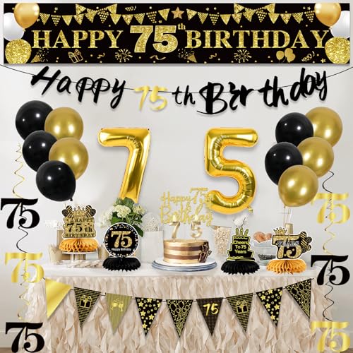 Image of 75th Birthday Decorations for Men, Black Gold 75th Party Decoration Kits | 27pcs Happy 75th Birthday Set: Banner, Honeycomb, Balloons, Gold Number, Candle, Hanging Swirls, Cake Topper, Party Supplies