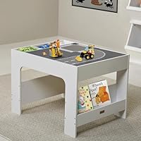 Hooga Kids Activity Table - Wooden Table for Toddler with 4PCs City Street Baseplates - Construction Building Block Table with Storage, Bookshelf and Blackboard - 66.5x54x48cm