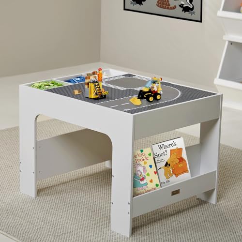 Hooga Kids Activity Table - Wooden Table for Toddler with 4PCs City Street Baseplates - Construction Building Block Table with Storage, Bookshelf and Blackboard - 66.5x54x48cm