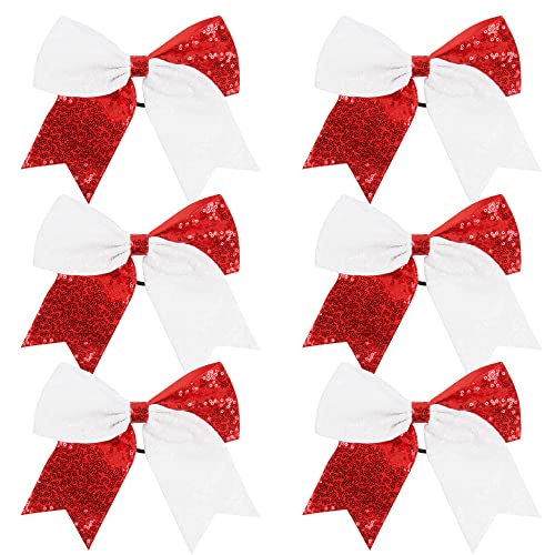 Cheer Bow Metallic Sequin Mermaid 8 Inch 2 Color Cheerleader Cheerleading Jumbo Cheer Bow (White/Red)