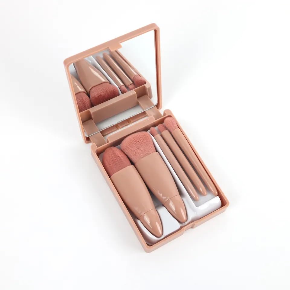 Mini Viaje Portátil Maquillaje Cepillo Set Polvo Fundación Herramienta Cosmética Con Espejo (marrón)