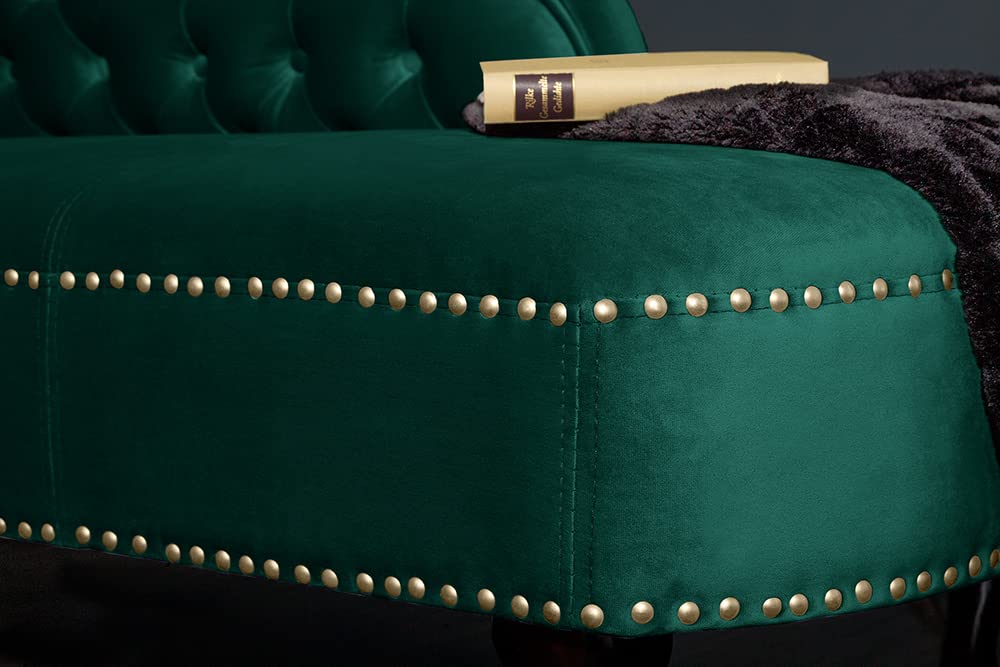 Recamiere CHESTERFIELD - 170cm - smaragdgrün - Samt Knopfheftung Design | Armlehne, Rundumbezug, Nietenbesatz, Nosagfederung, Wellenfederung, hoher Komfort, angenehme Haptik, Eyecatcher