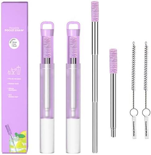 Miniatura 8 de Hoshen Paquete de 2 popotes de metal plegables reutilizables, popote telescópico portátil para viajes al aire libre, incluye punta de silicona,